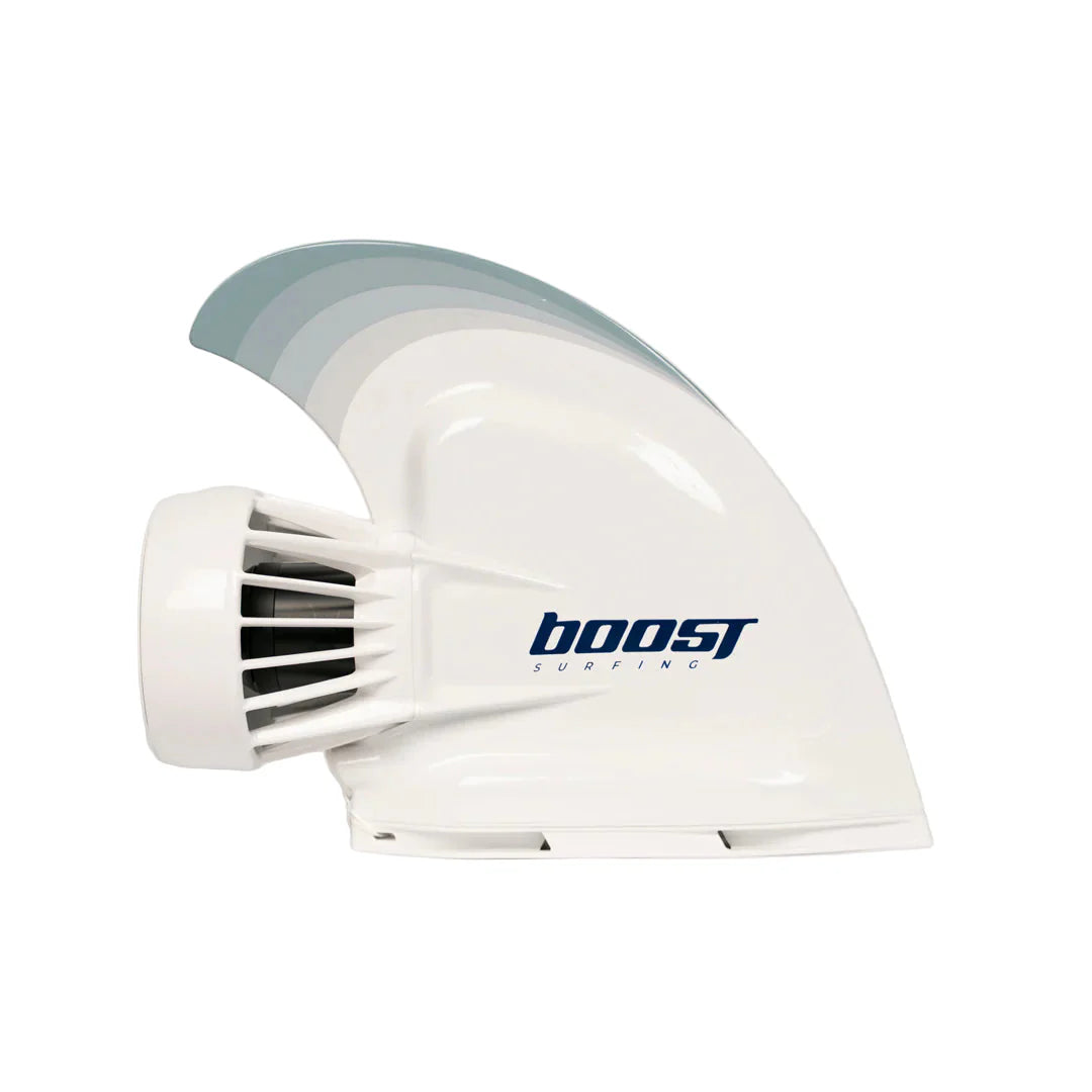 White electric surfboard fin with folding propeller and "Boost Surfing" logo on the side against a white background.